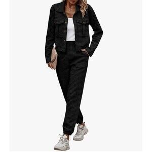PRETTYGARDEN Women’s 2‑Piece Set Black L Shacket Jacket & Pants Lounge Outfit